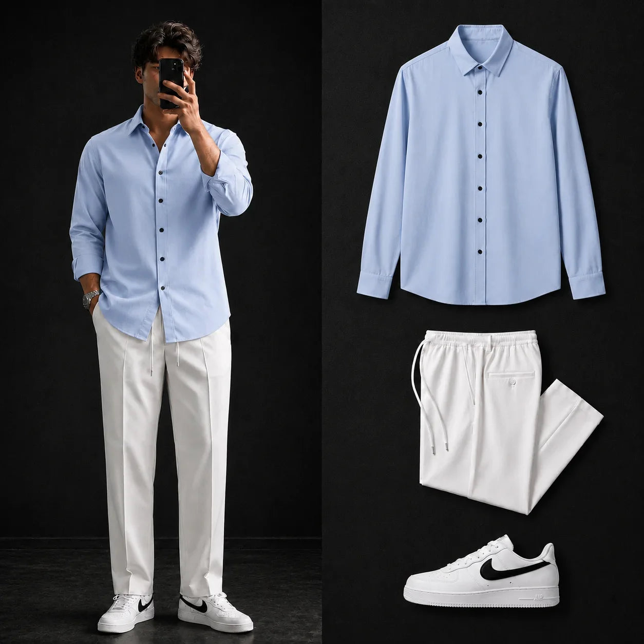 Premium Ice Blue Full Sleeves Shirt With White Drawstring Trouser