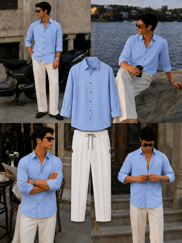 Premium Ice Blue Full Sleeves Shirt With White Drawstring Trouser