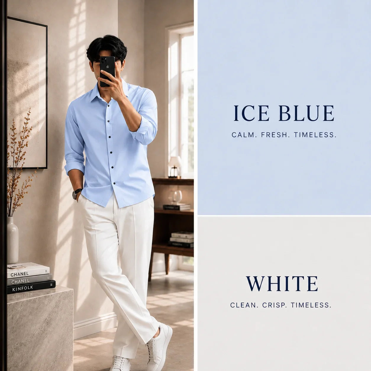 Premium Ice Blue Full Sleeves Shirt With White Drawstring Trouser