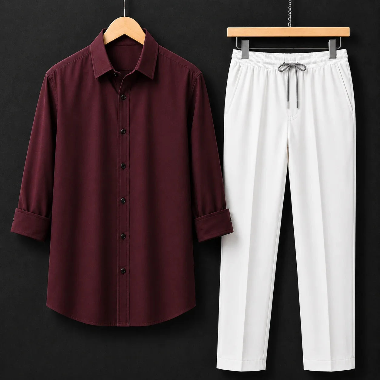 Premium Red Wine Full Sleeves Shirt With White Drawstring Trouser