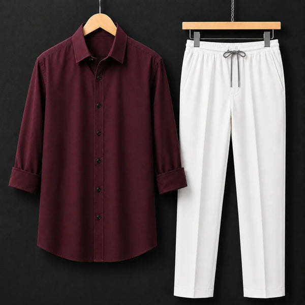 Premium Red Wine Full Sleeves Shirt With White Drawstring Trouser