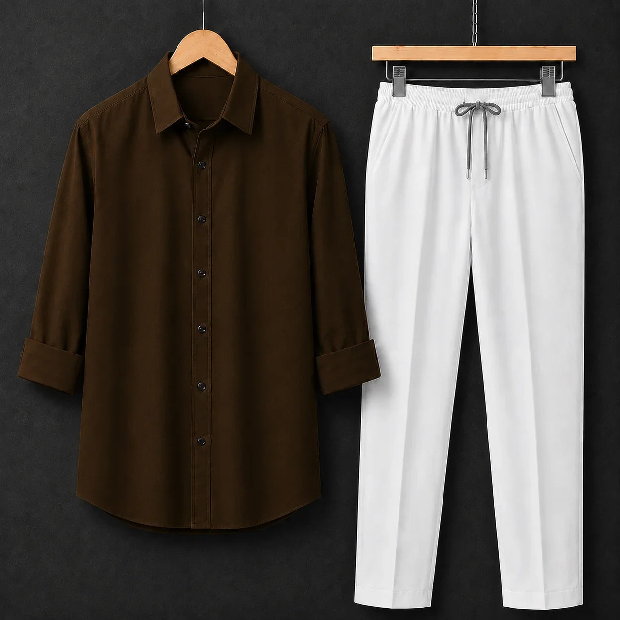 Premium Brown Full Sleeves Shirt With White Drawstring Trouser