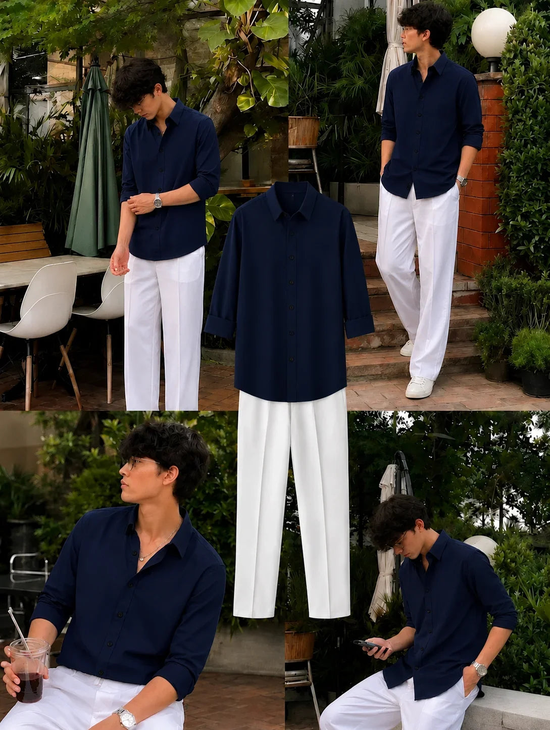 Premium Navy Blue Full Sleeves Shirt With White Drawstring Trouser