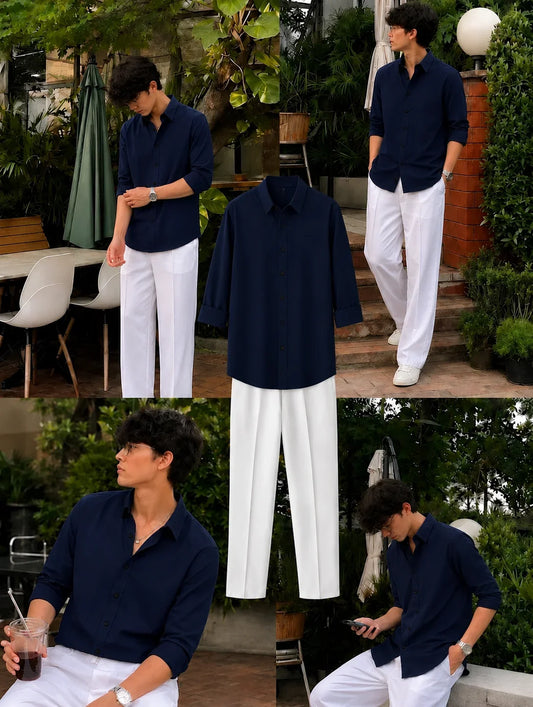 Premium Navy Blue Full Sleeves Shirt With White Drawstring Trouser