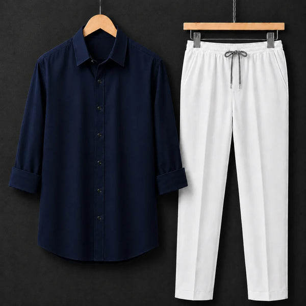Premium Navy Blue Full Sleeves Shirt With White Drawstring Trouser