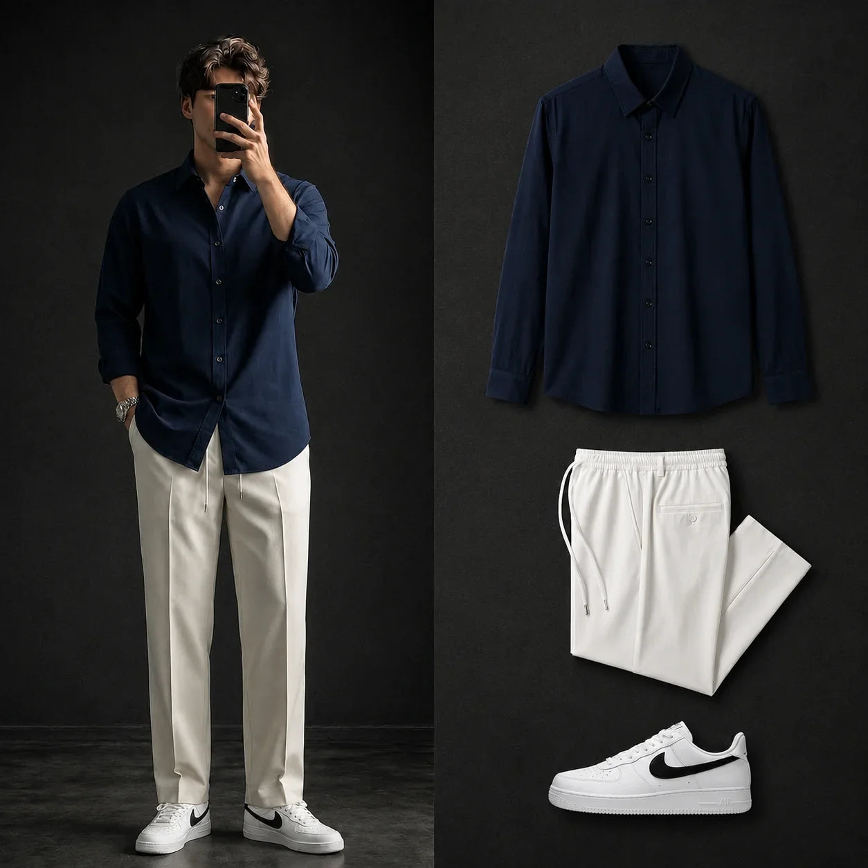 Premium Navy Blue Full Sleeves Shirt With White Drawstring Trouser