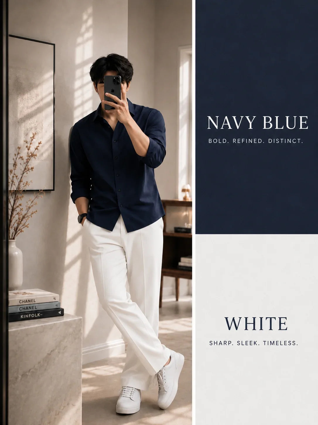 Premium Navy Blue Full Sleeves Shirt With White Drawstring Trouser