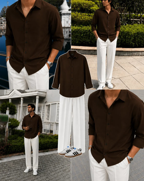 Premium Brown Full Sleeves Shirt With White Drawstring Trouser