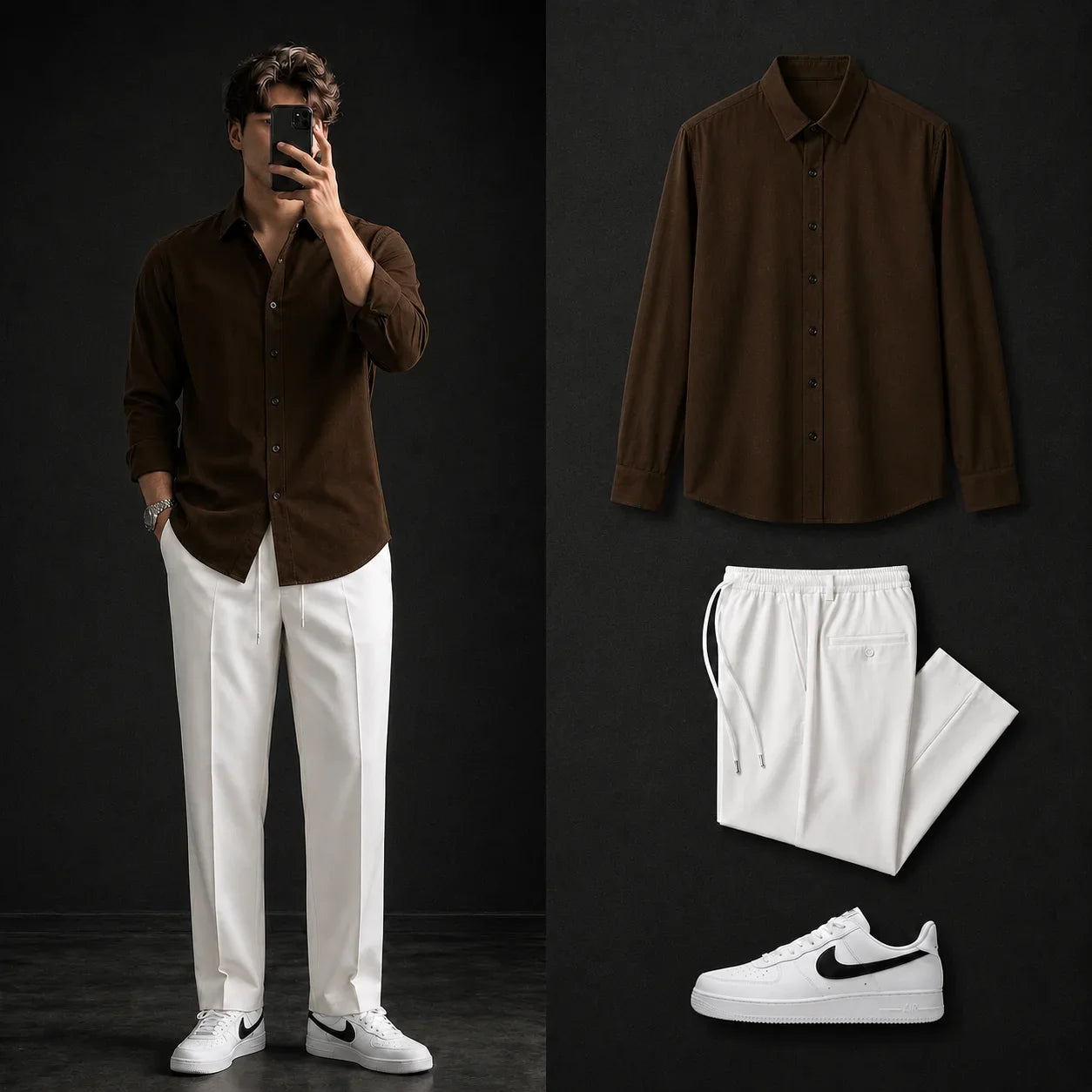 Premium Brown Full Sleeves Shirt With White Drawstring Trouser