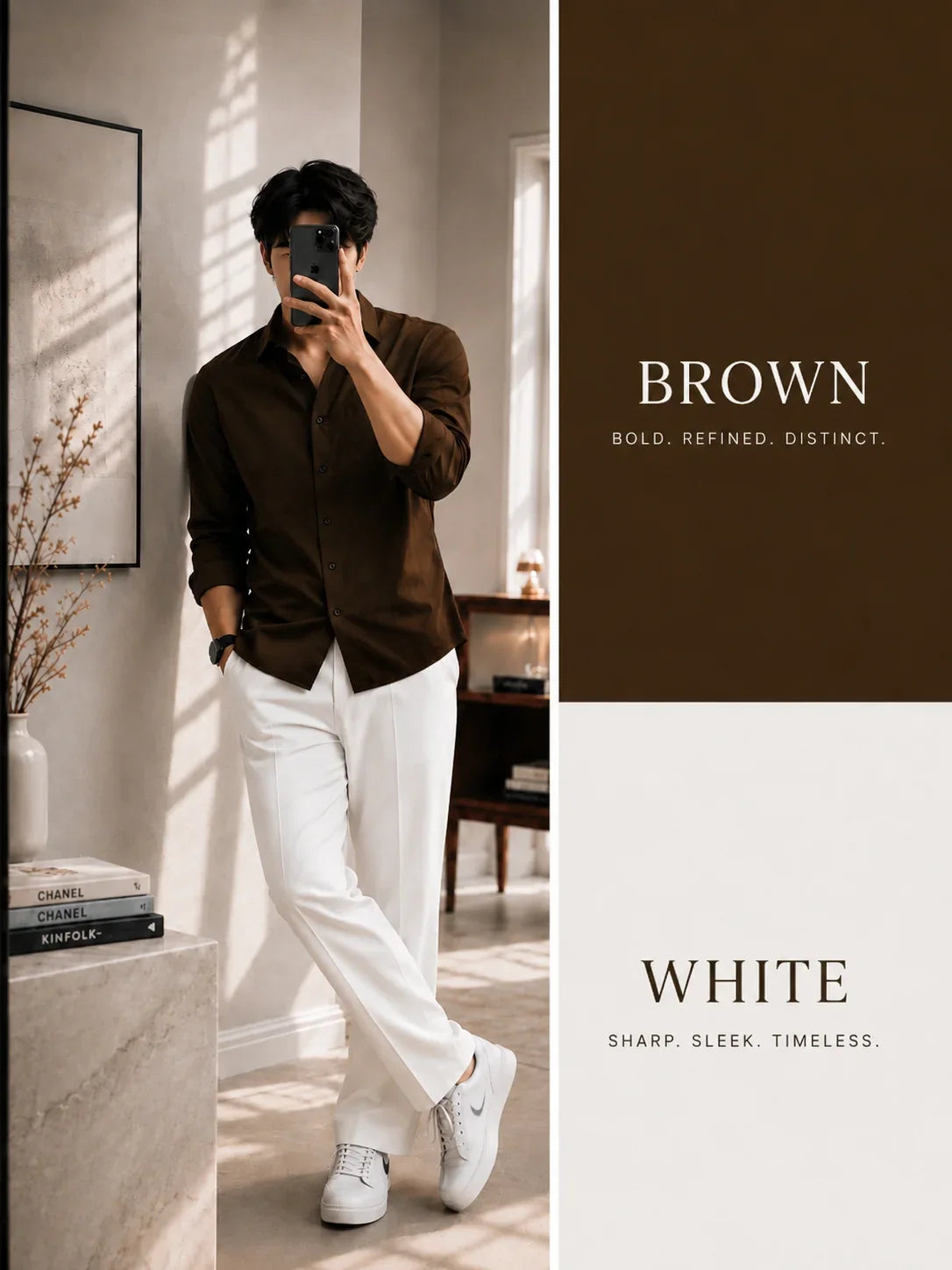Premium Brown Full Sleeves Shirt With White Drawstring Trouser