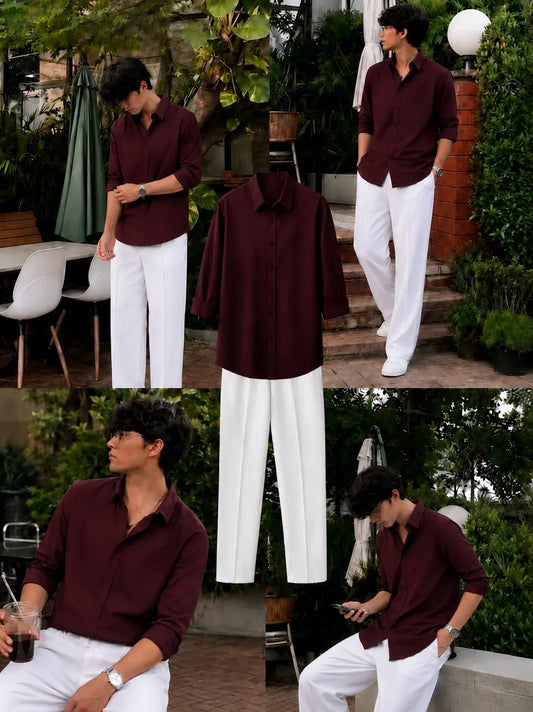 Premium Red Wine Full Sleeves Shirt With White Drawstring Trouser