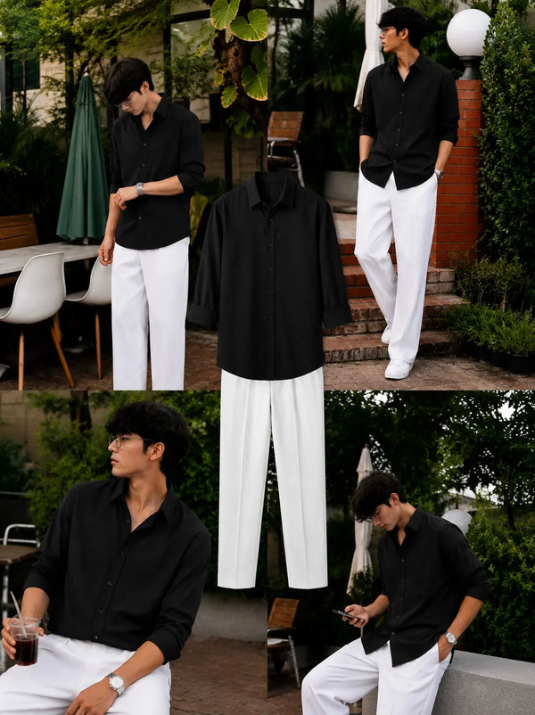 Premium Black Full Sleeves Shirt With White Drawstring Trouser