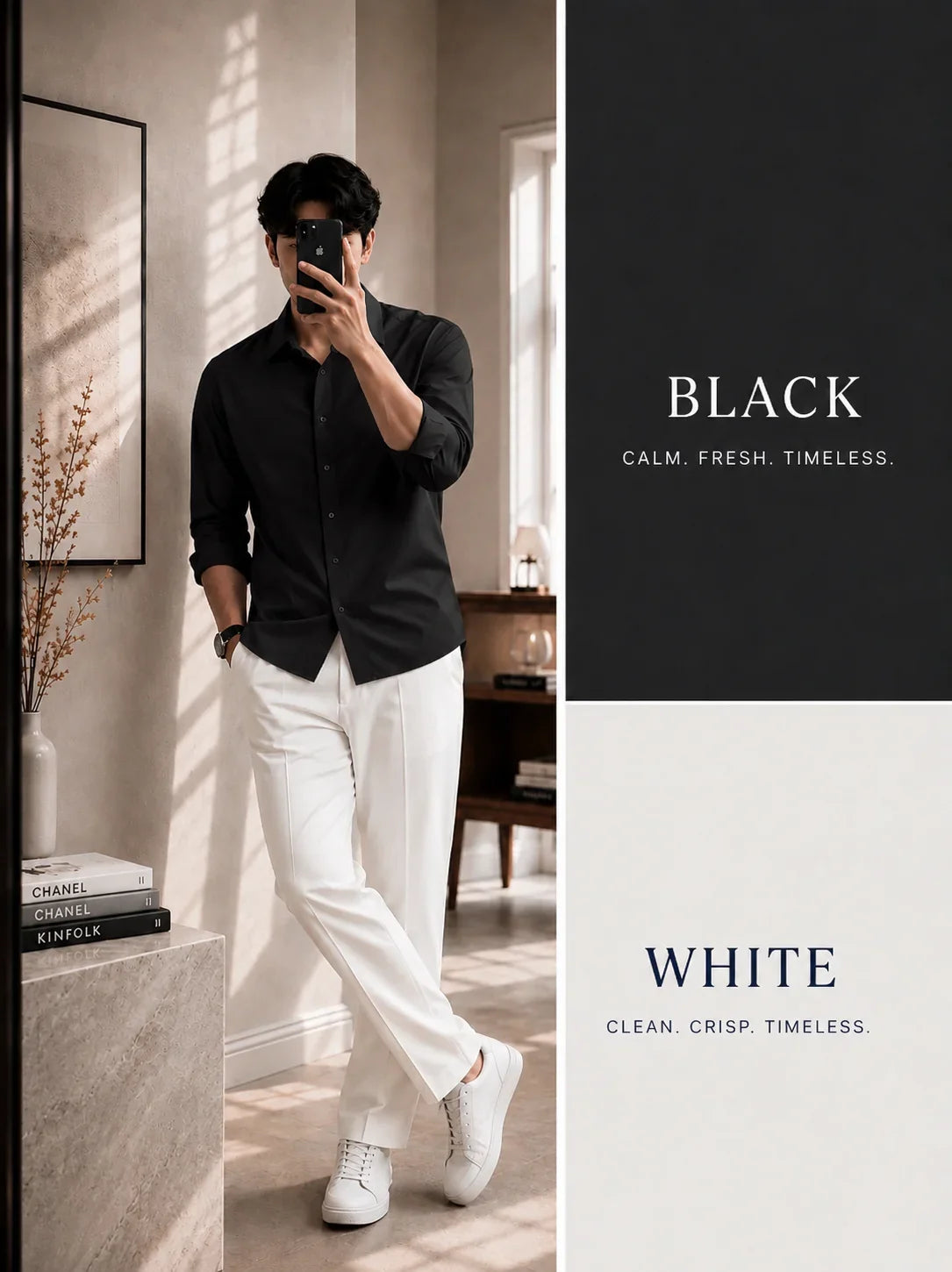 Premium Black Full Sleeves Shirt With White Drawstring Trouser