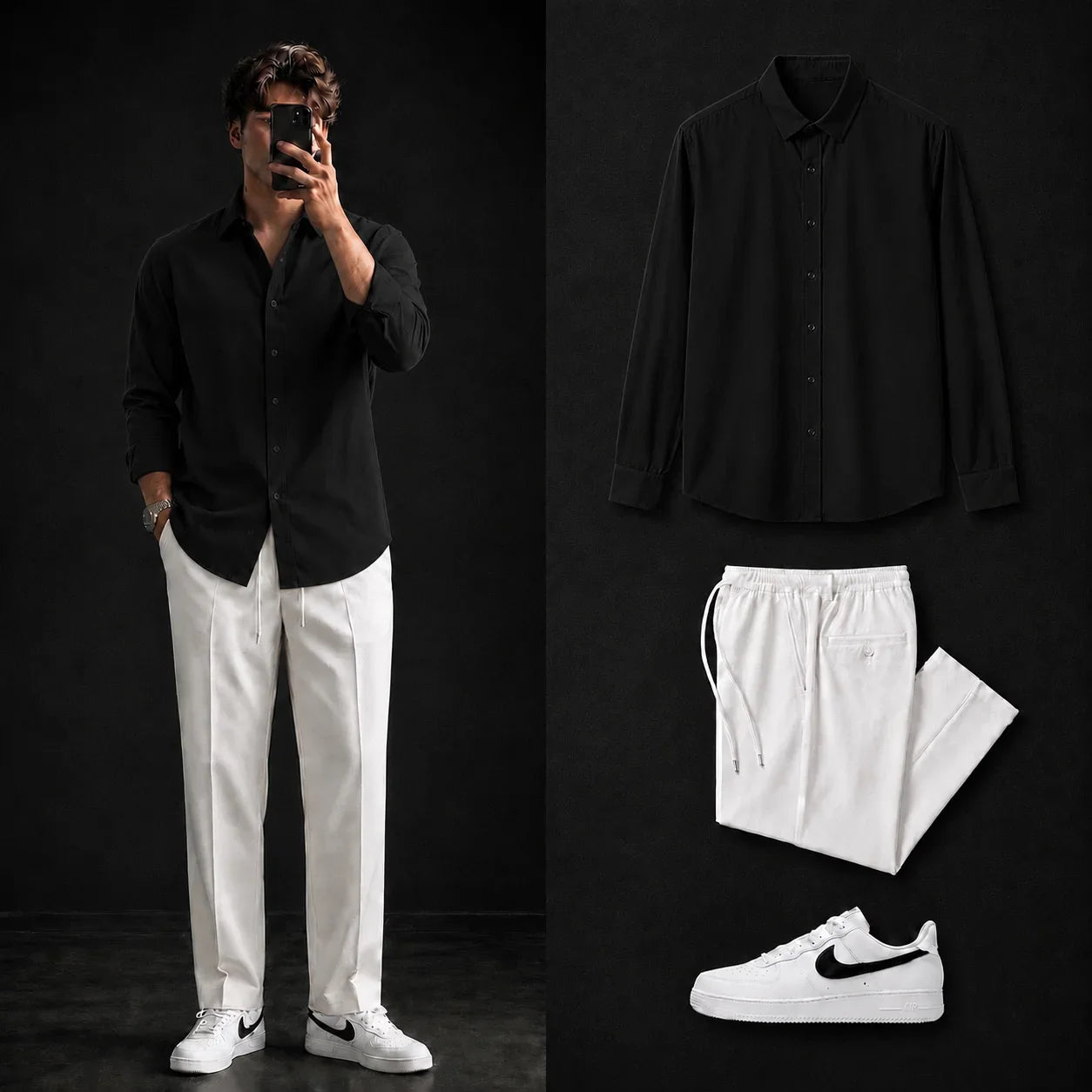 Premium Black Full Sleeves Shirt With White Drawstring Trouser