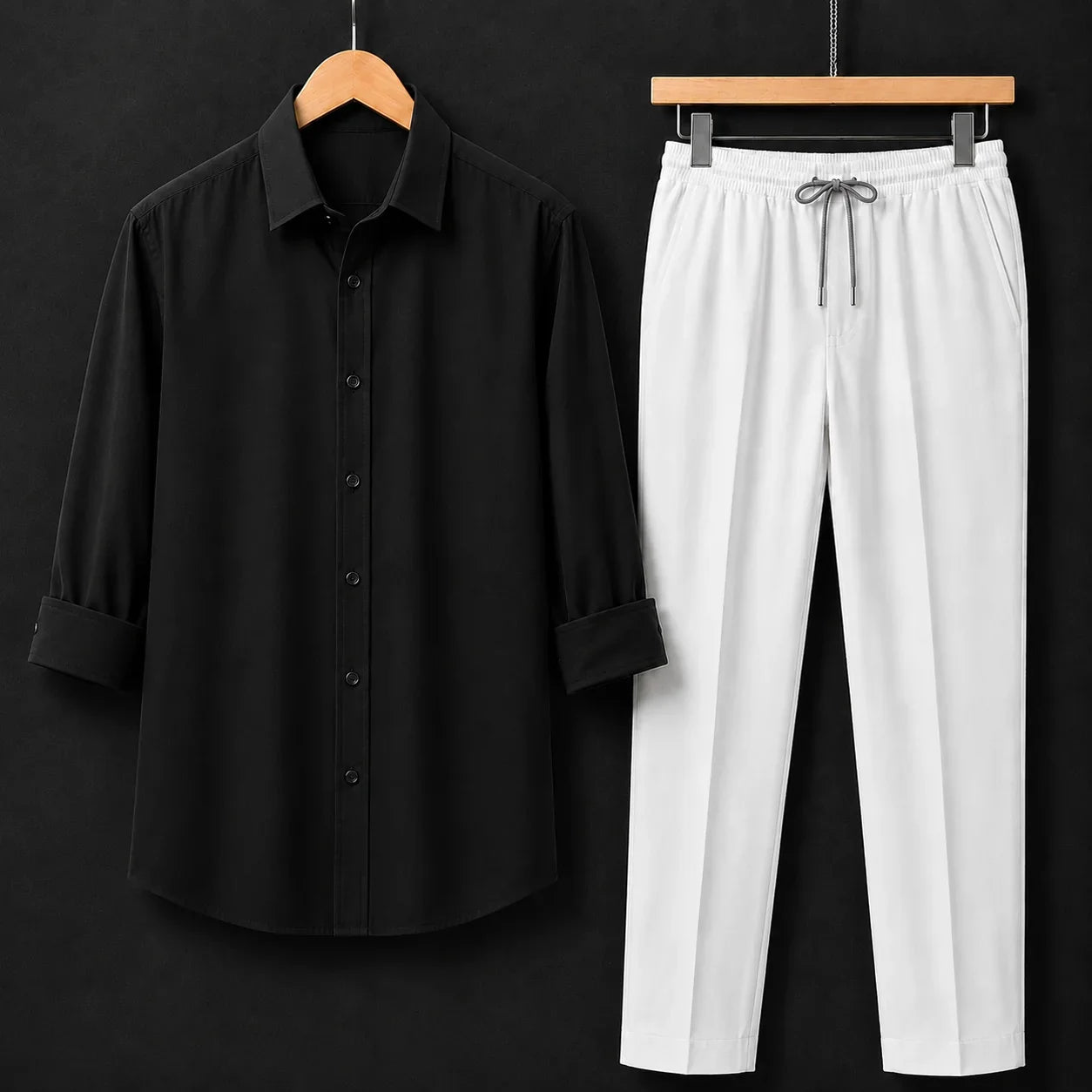 Premium Black Full Sleeves Shirt With White Drawstring Trouser