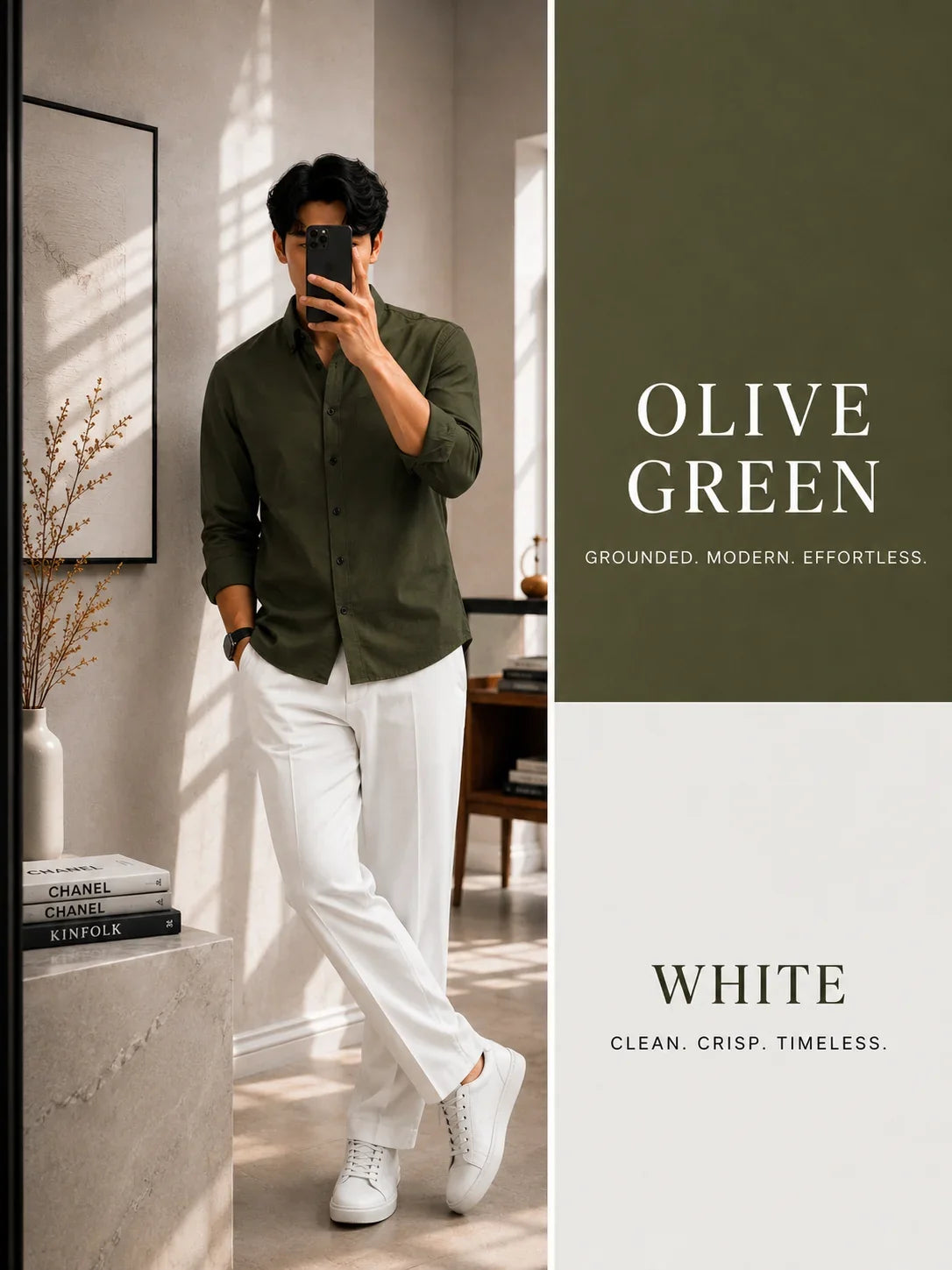 Premium Olive Green Full Sleeves Shirt With White Drawstring Trouser