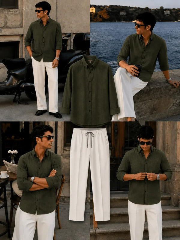 Premium Olive Green Full Sleeves Shirt With White Drawstring Trouser