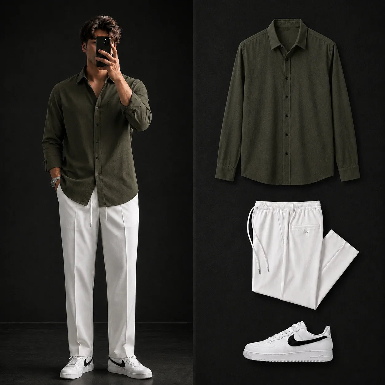 Premium Olive Green Full Sleeves Shirt With White Drawstring Trouser