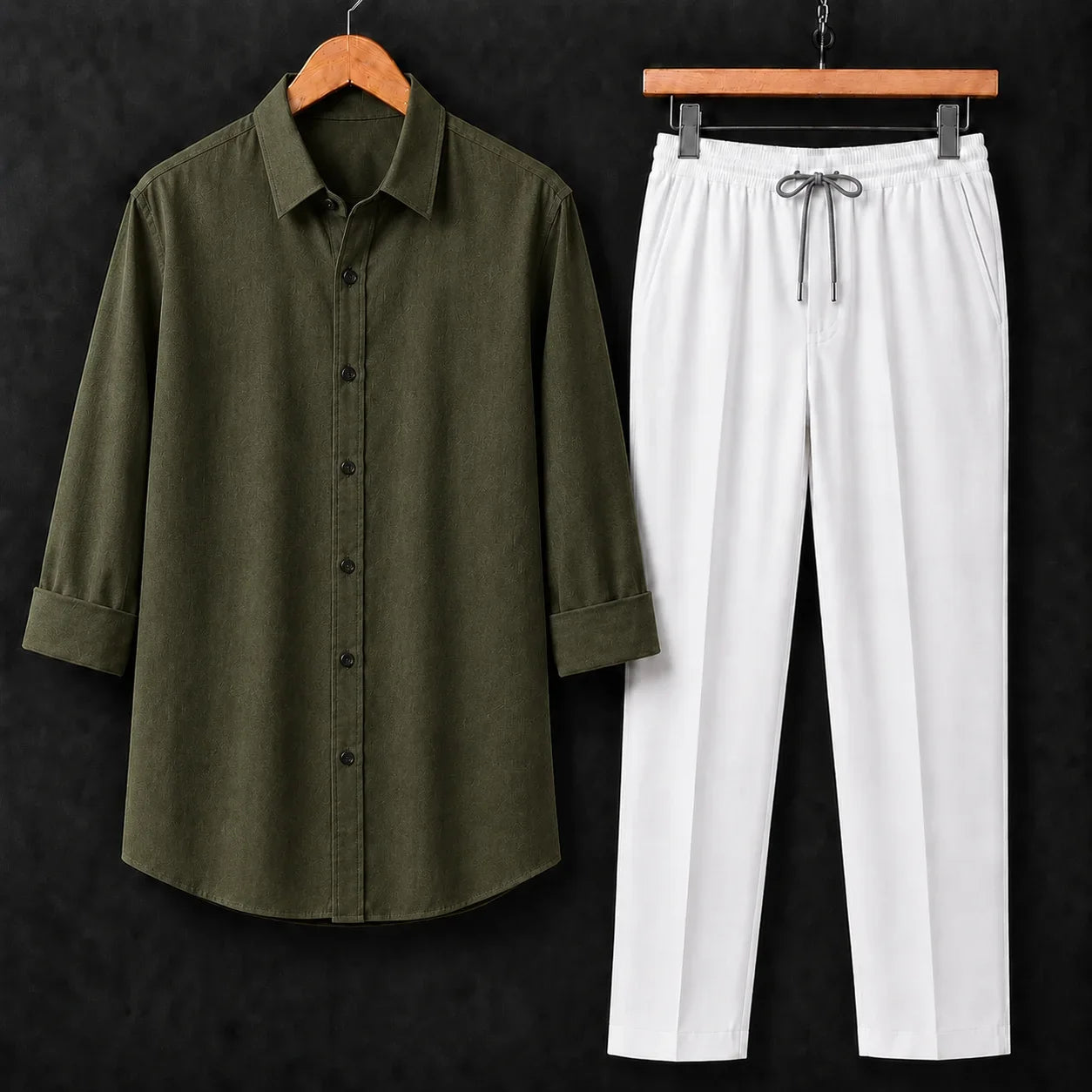 Premium Olive Green Full Sleeves Shirt With White Drawstring Trouser