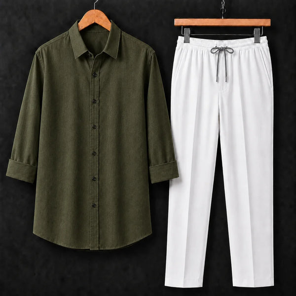 Premium Olive Green Full Sleeves Shirt With White Drawstring Trouser