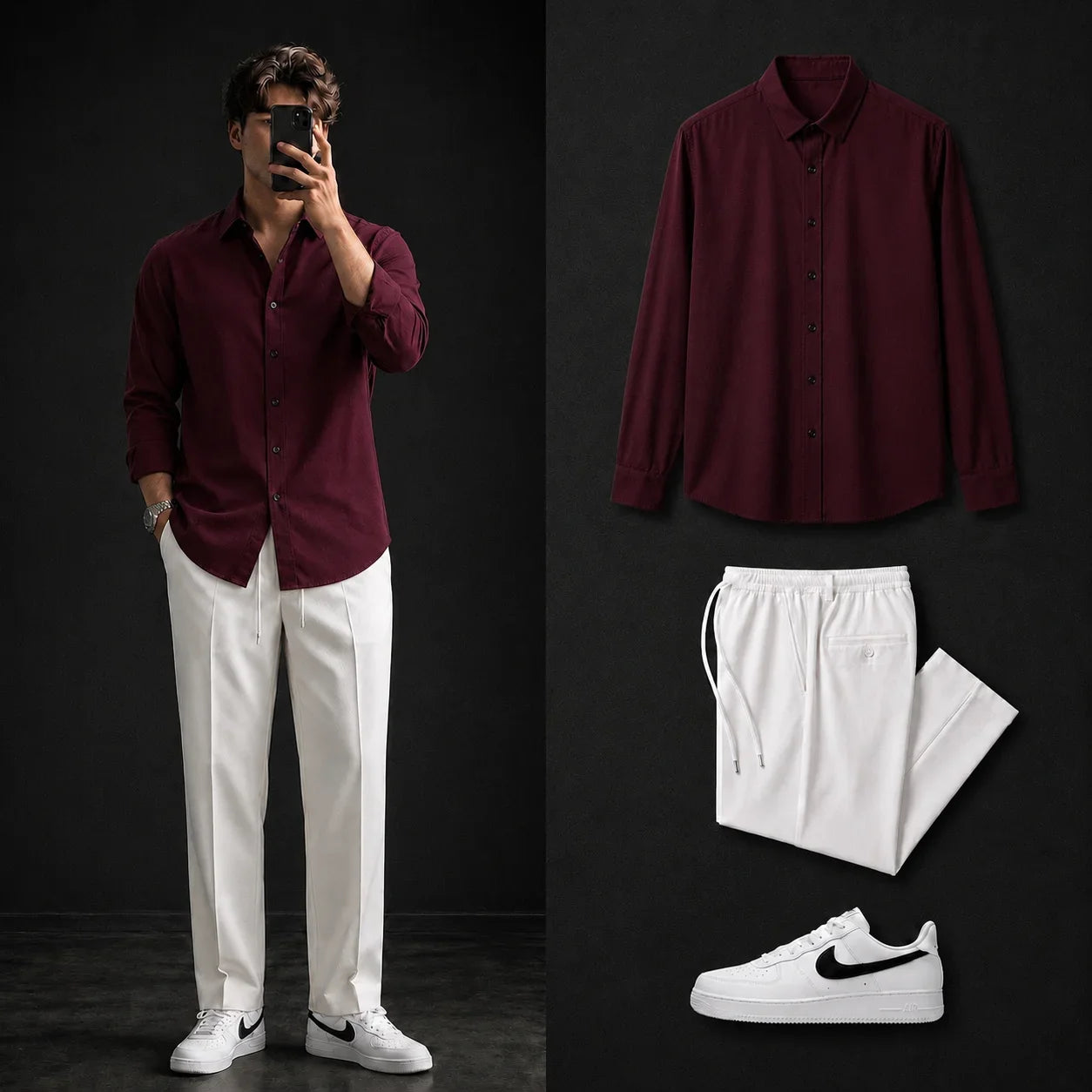 Premium Red Wine Full Sleeves Shirt With White Drawstring Trouser