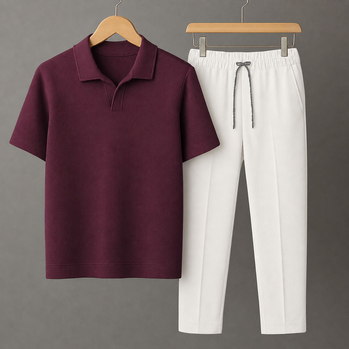 Knit Burgundy Polo Shirt & White Drawstring Trouser