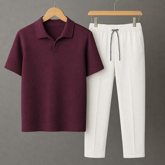 Knit Burgundy Polo Shirt & White Drawstring Trouser