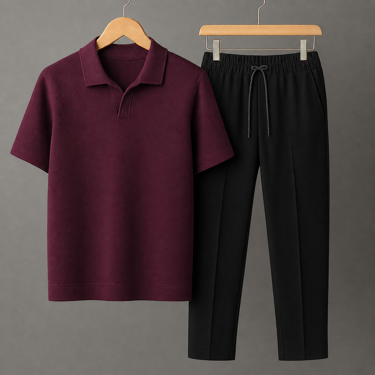 Knit Burgundy Polo Shirt & Black Drawstring Trouser