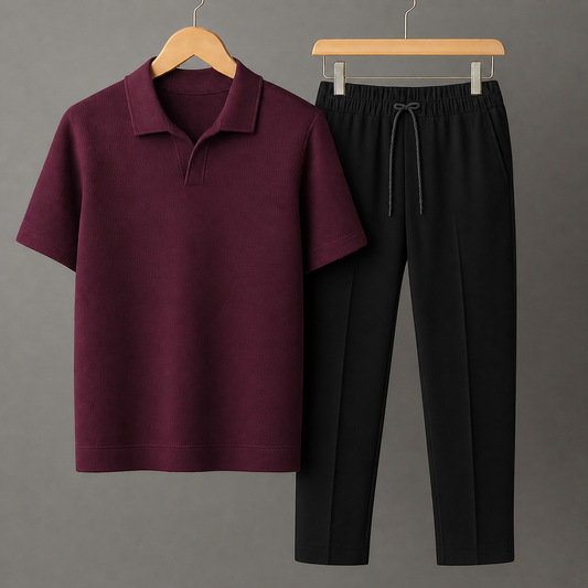 Knit Burgundy Polo Shirt & Black Drawstring Trouser