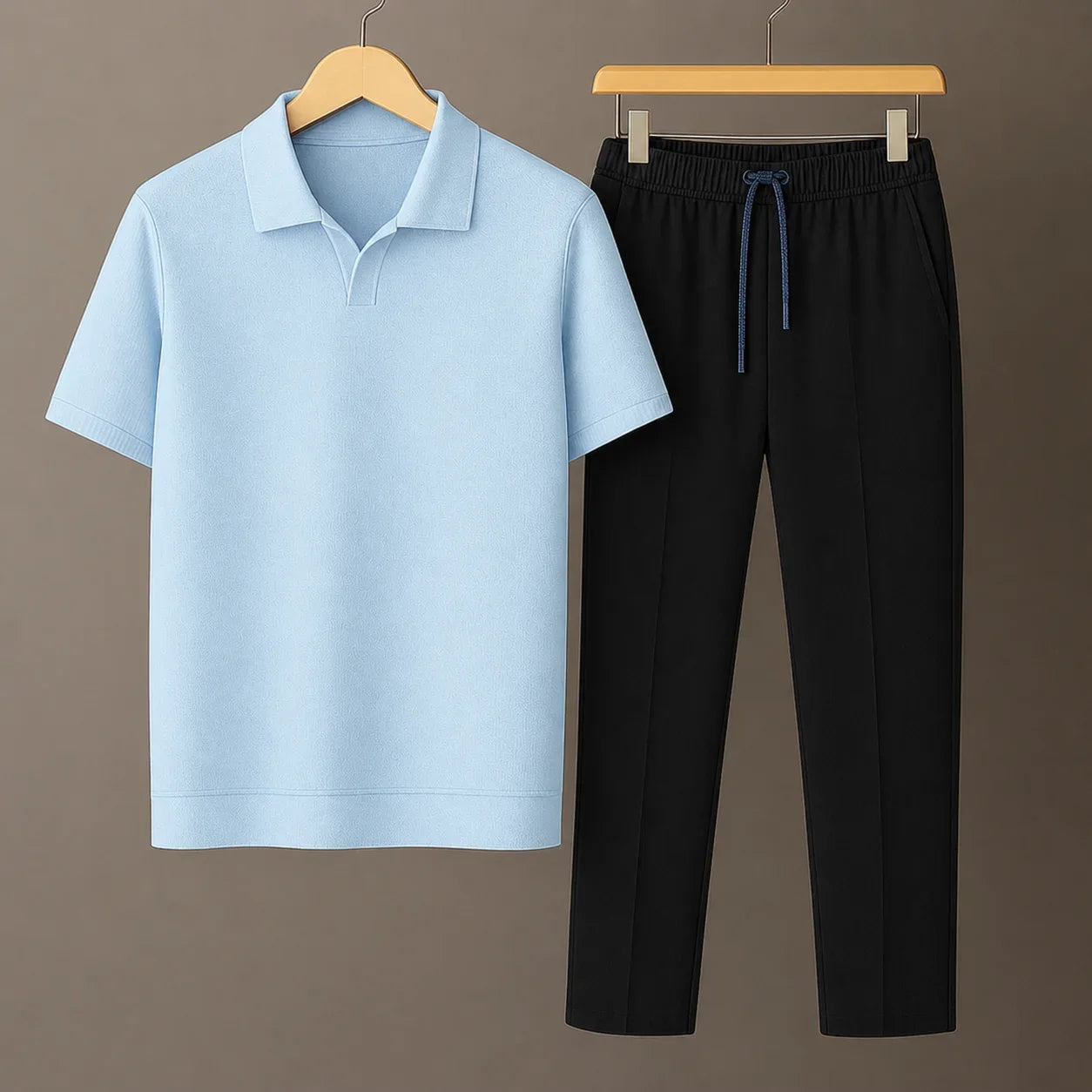 Knit Sky Blue Polo Shirt & Black Drawstring Trouser