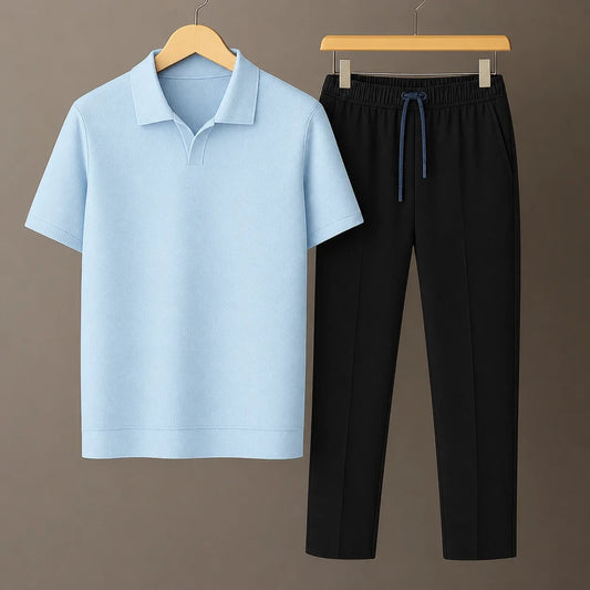 Knit Sky Blue Polo Shirt & Black Drawstring Trouser