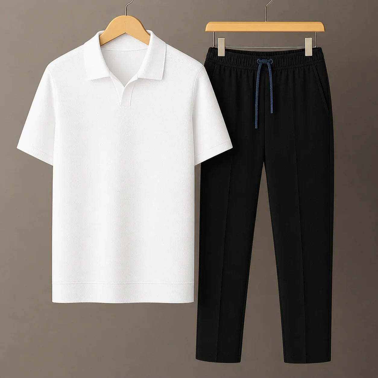 Knit White Polo Shirt & Black Drawstring Trouser