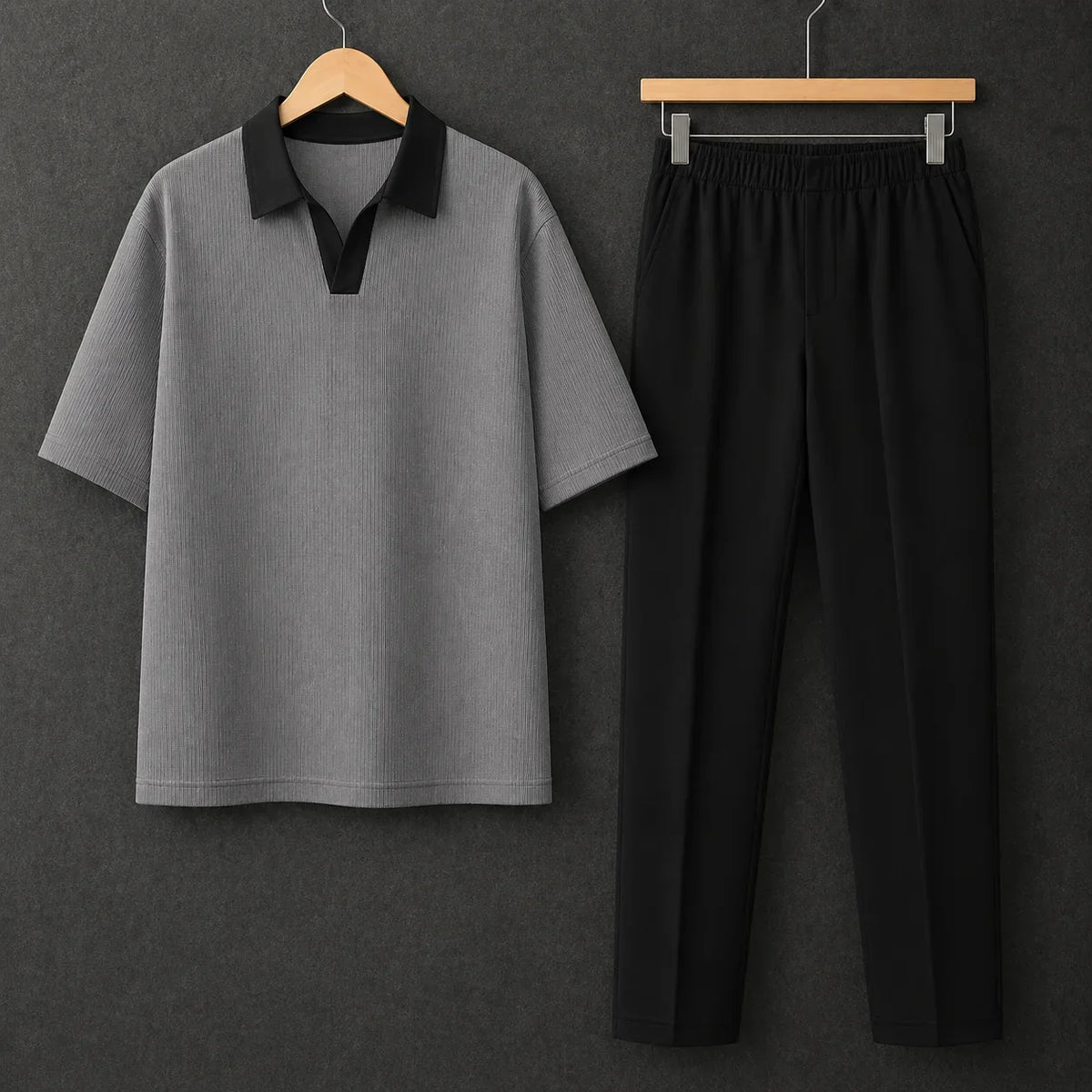 Gray Polo Contrast Collar Drop Shoulder Shirt With Black Drawstring Trouser