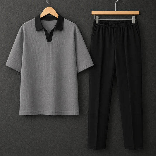 Gray Polo Contrast Collar Drop Shoulder Shirt With Black Drawstring Trouser