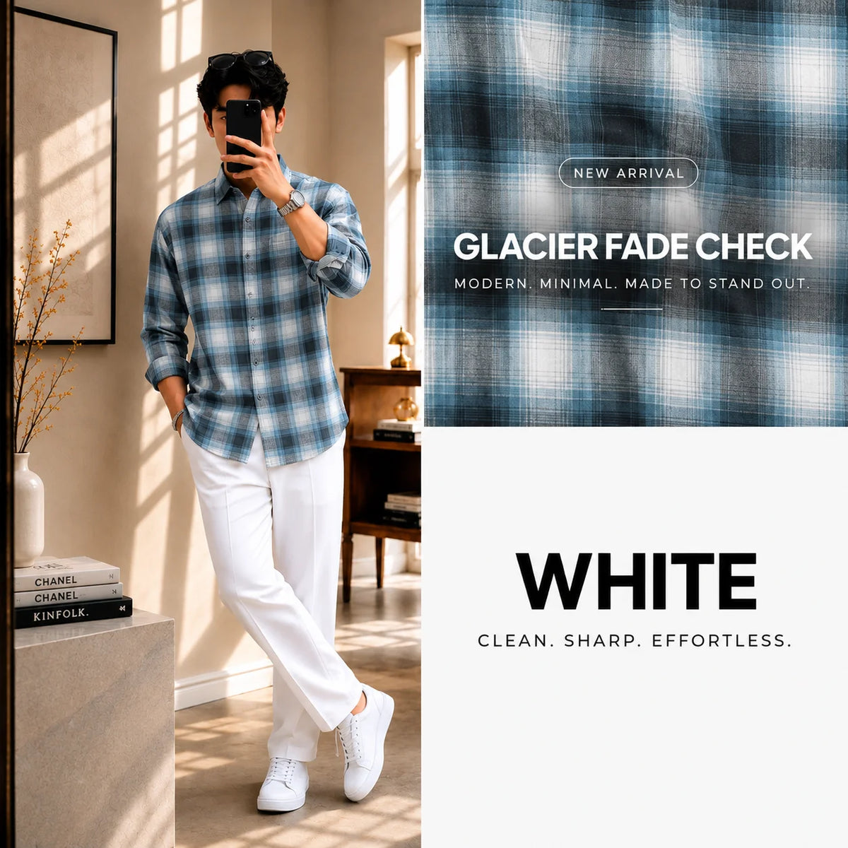 Premium Glacier Fade Check Full Sleeves Shirt With White Drawstring Trouser
