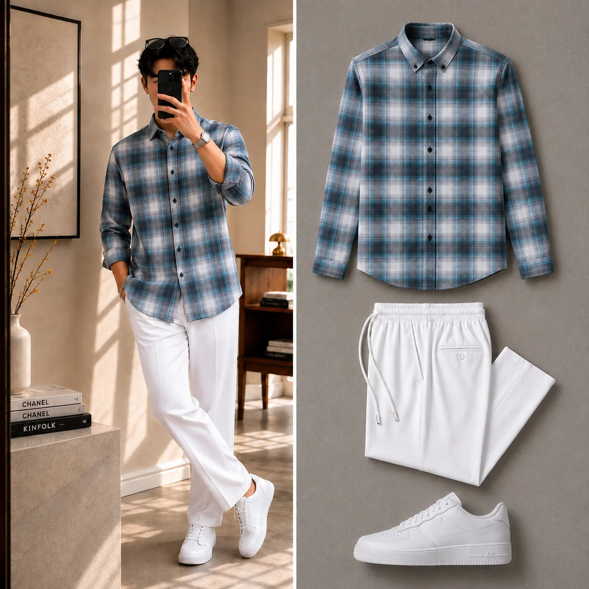 Premium Glacier Fade Check Full Sleeves Shirt With White Drawstring Trouser