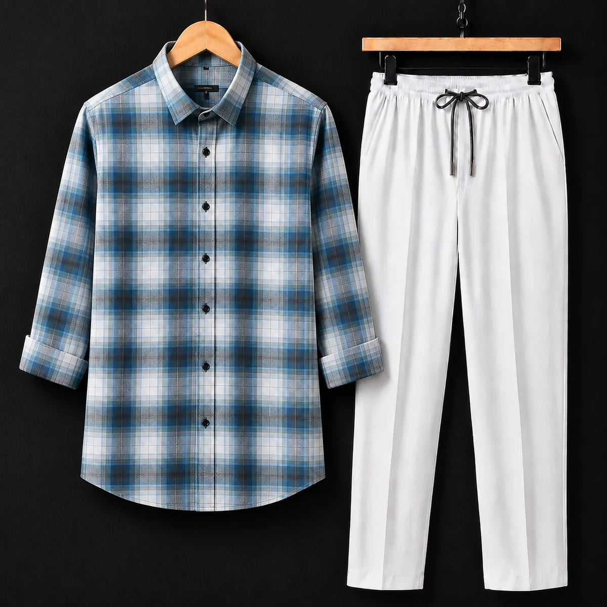 Premium Glacier Fade Check Full Sleeves Shirt With White Drawstring Trouser
