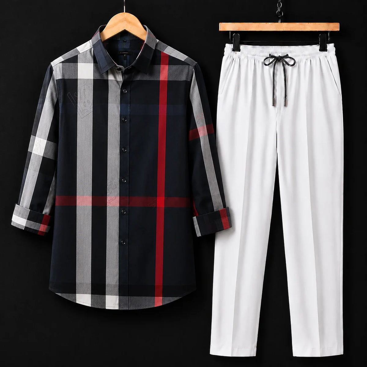 Premium Signature Check Full Sleeves Shirt With White Drawstring Trouser