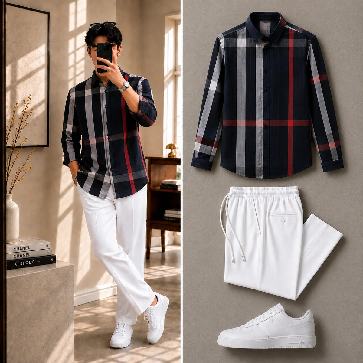 Premium Signature Check Full Sleeves Shirt With White Drawstring Trouser