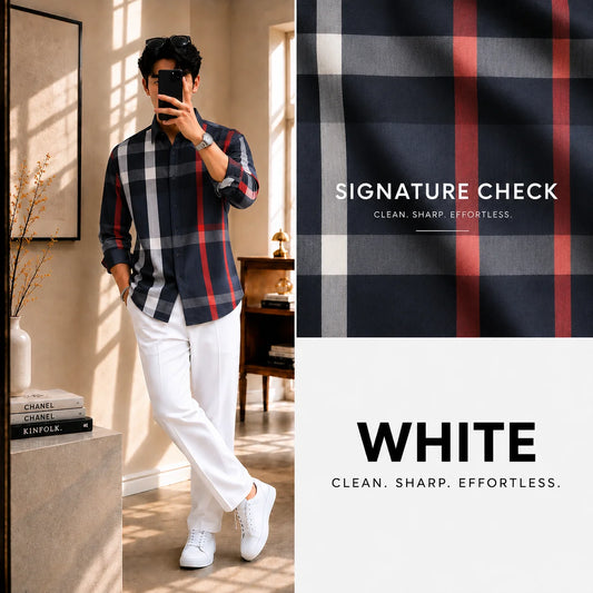Premium Signature Check Full Sleeves Shirt With White Drawstring Trouser
