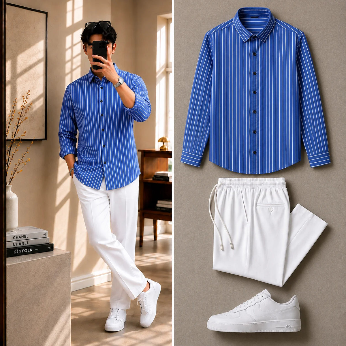 Premium Atlantic Stripe Full Sleeves Shirt With White Drawstring Trouser