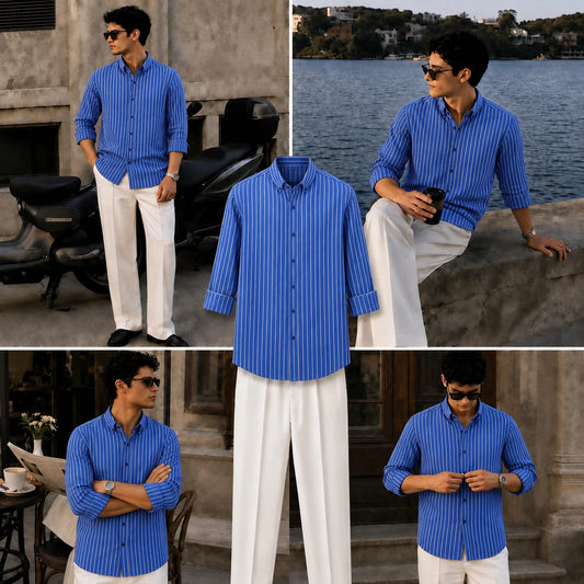 Premium Atlantic Stripe Full Sleeves Shirt With White Drawstring Trouser