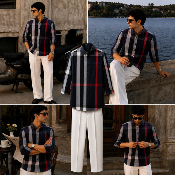 Premium Signature Check Full Sleeves Shirt With White Drawstring Trouser