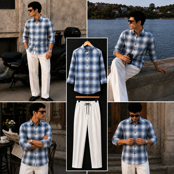 Premium Glacier Fade Check Full Sleeves Shirt With White Drawstring Trouser