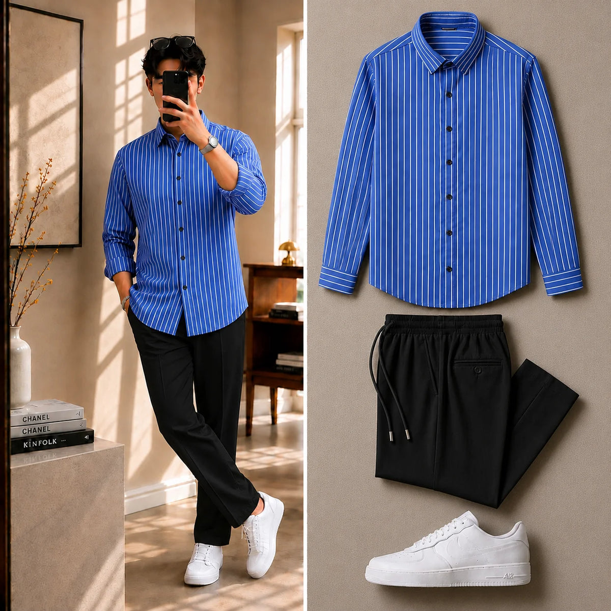 Premium Atlantic Stripe Full Sleeves Shirt With Black Drawstring Trouser