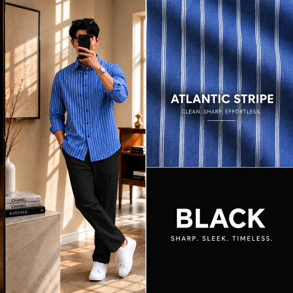Premium Atlantic Stripe Full Sleeves Shirt With Black Drawstring Trouser
