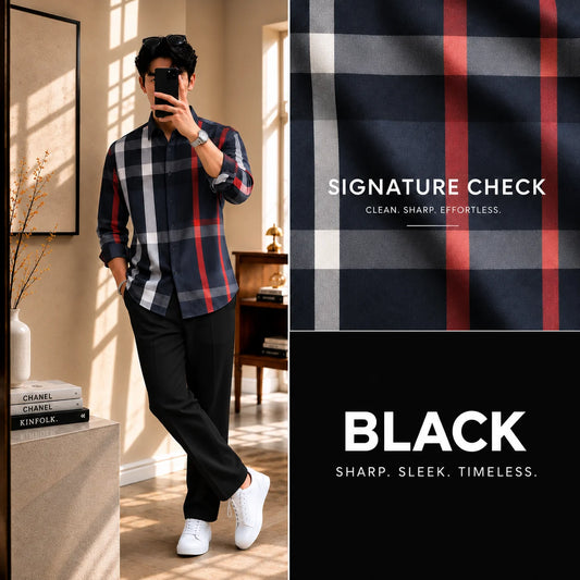 Premium Signature Check Full Sleeves Shirt With Black Drawstring Trouser
