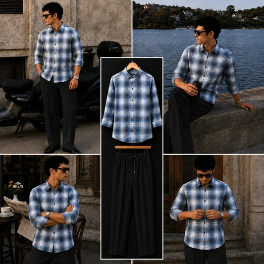 Premium Glacier Fade Check Full Sleeves Shirt With Black Drawstring Trouser