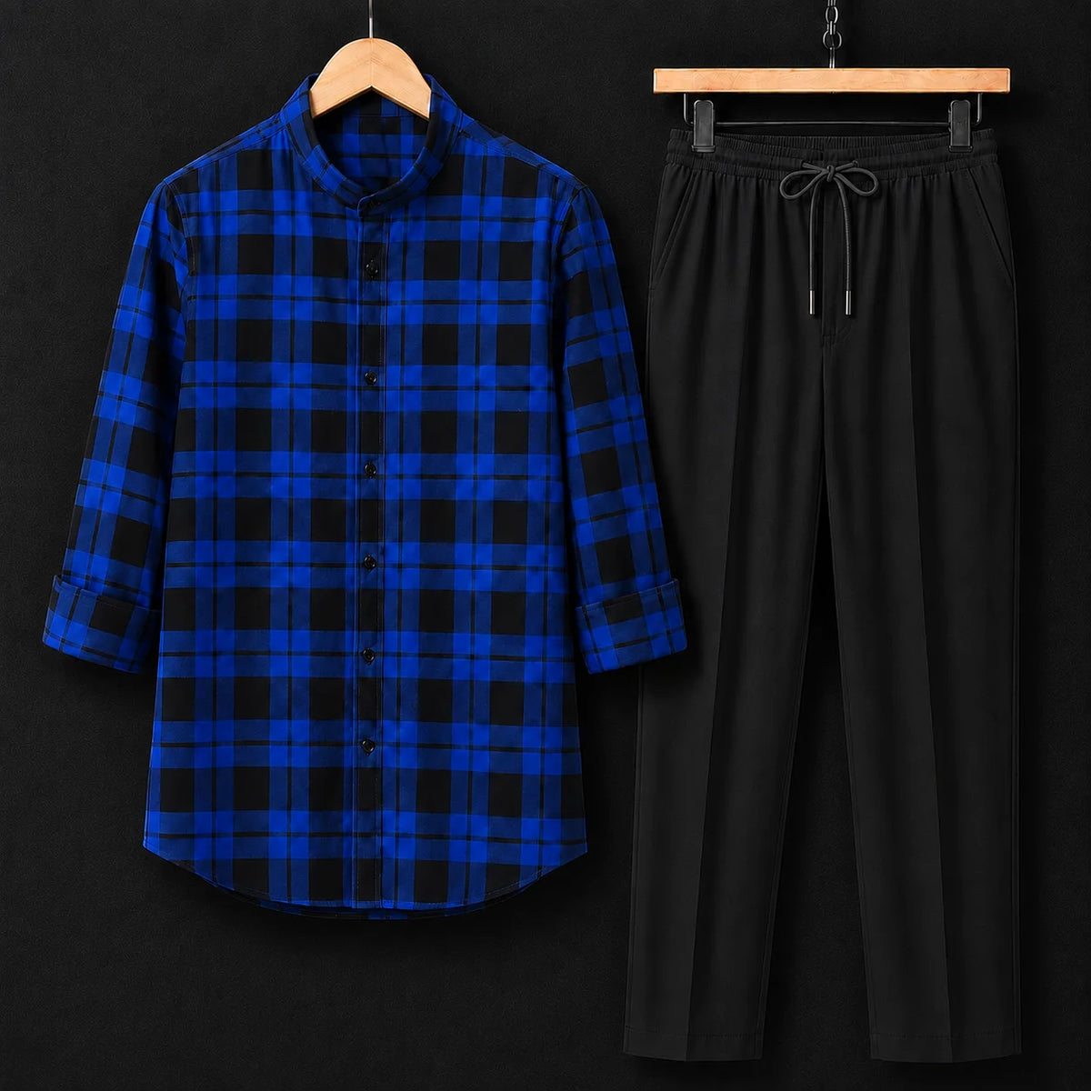 Premium Midnight Check Full Sleeves Shirt With Black Drawstring Trouser