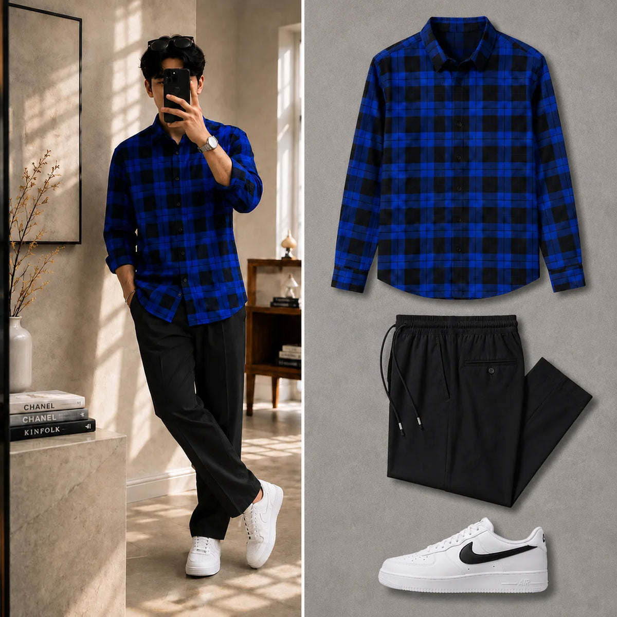 Premium Midnight Check Full Sleeves Shirt With Black Drawstring Trouser